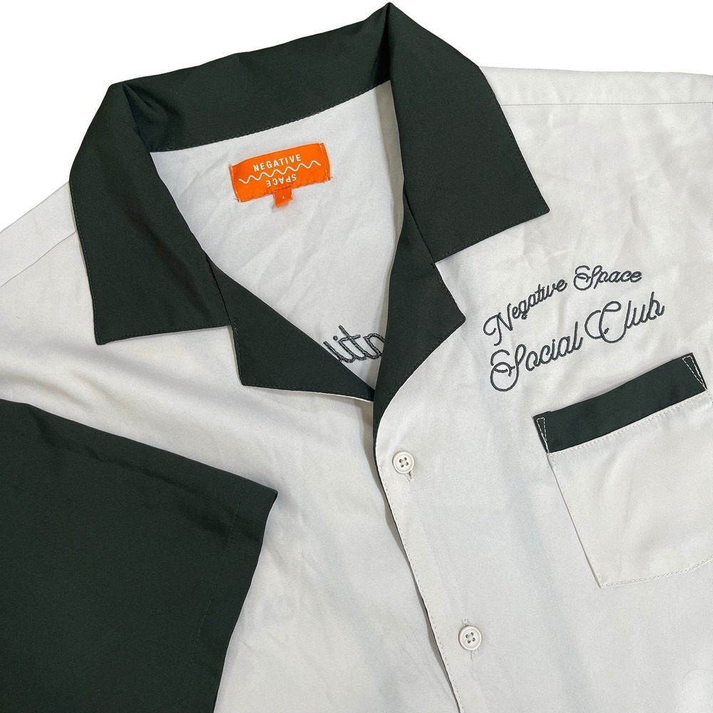 Negative Space Social Club Bowling Camp Shirt Men L White Green Embroidered